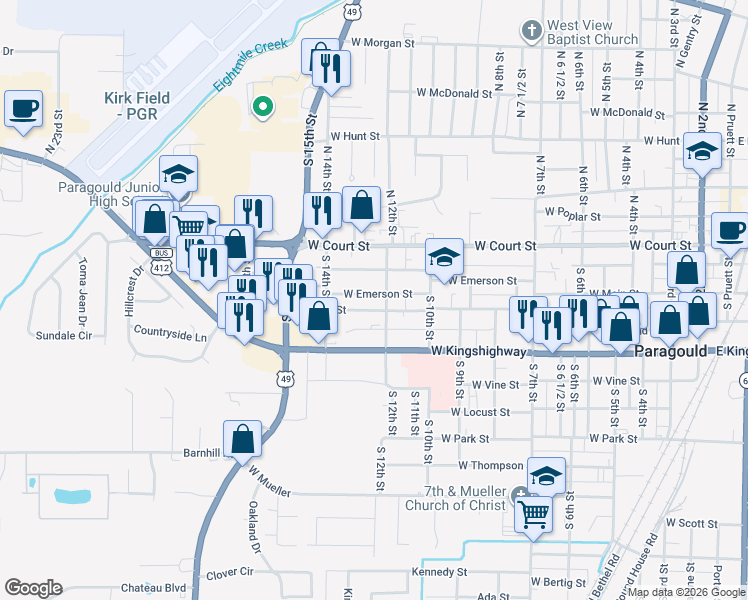 map of restaurants, bars, coffee shops, grocery stores, and more near 1201-1301 W Main St in Paragould