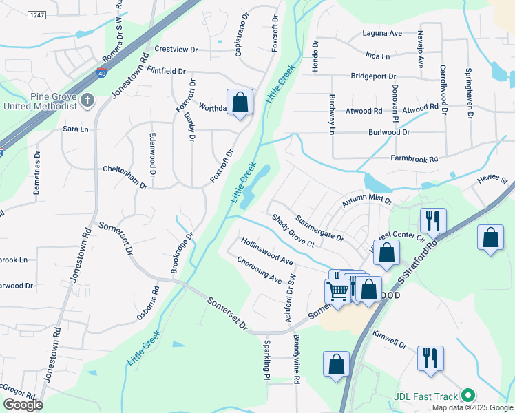 map of restaurants, bars, coffee shops, grocery stores, and more near 489 Shady Grove in Winston-Salem