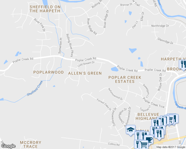 map of restaurants, bars, coffee shops, grocery stores, and more near 1736 Yellow Wood Court in Nashville