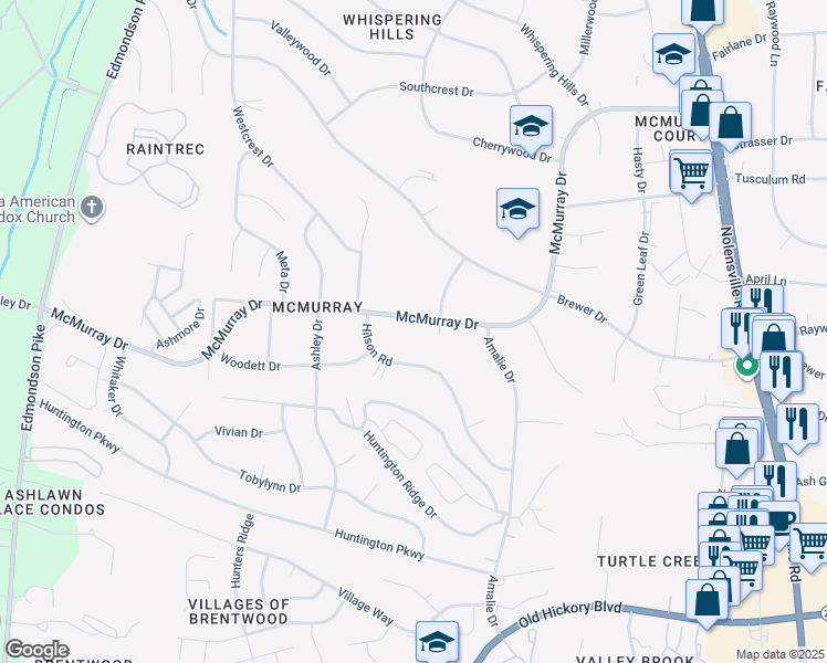 map of restaurants, bars, coffee shops, grocery stores, and more near 563 McMurray Drive in Nashville