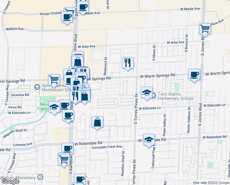 map of restaurants, bars, coffee shops, grocery stores, and more near 6671 West Churnet Valley Avenue in Las Vegas