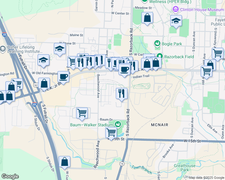 map of restaurants, bars, coffee shops, grocery stores, and more near 892 South Modus Way in Fayetteville