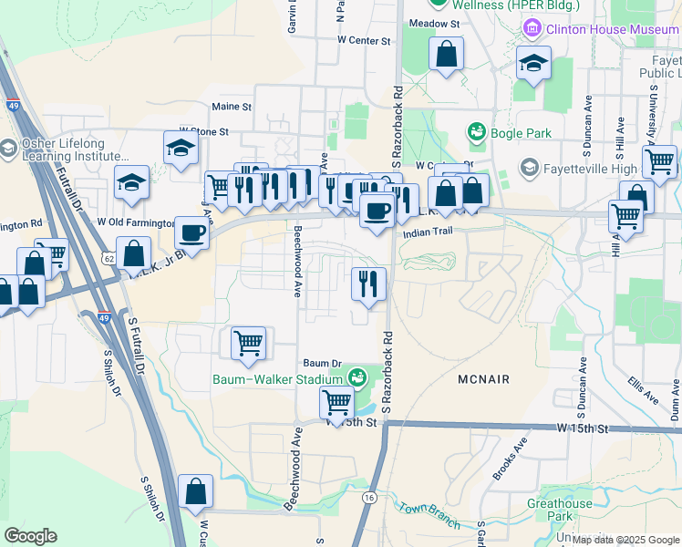 map of restaurants, bars, coffee shops, grocery stores, and more near 892 South Modus Way in Fayetteville