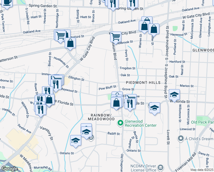 map of restaurants, bars, coffee shops, grocery stores, and more near 2020 Pine Bluff Street in Greensboro