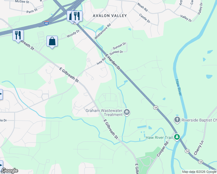 map of restaurants, bars, coffee shops, grocery stores, and more near 928 East Gilbreath Street in Graham