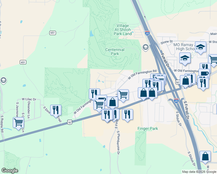 map of restaurants, bars, coffee shops, grocery stores, and more near 3064 West Old Farmington Road in Fayetteville