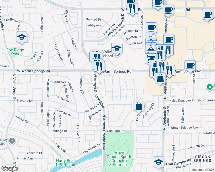 map of restaurants, bars, coffee shops, grocery stores, and more near 1575 West Warm Springs Road in Henderson