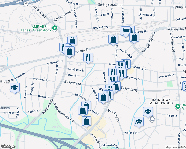 map of restaurants, bars, coffee shops, grocery stores, and more near 2601 Belmar Street in Greensboro