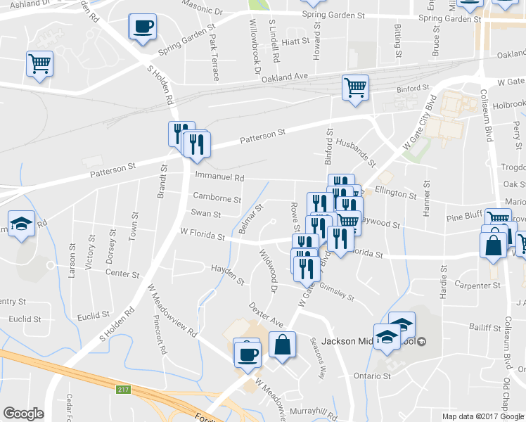 map of restaurants, bars, coffee shops, grocery stores, and more near 2601 Belmar Street in Greensboro