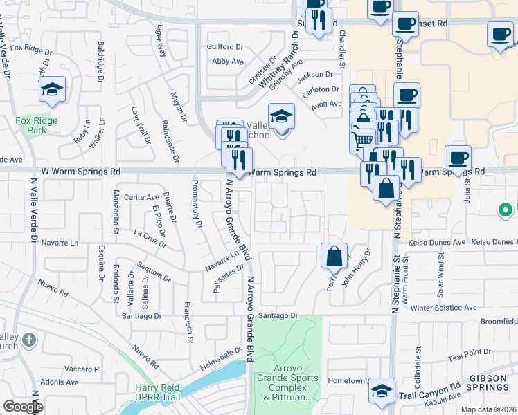 map of restaurants, bars, coffee shops, grocery stores, and more near 1575 West Warm Springs Road in Henderson