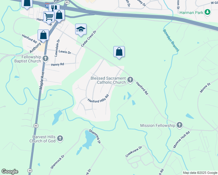 map of restaurants, bars, coffee shops, grocery stores, and more near 1752 Hanford Hills Road in Graham