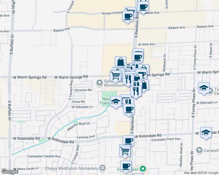 map of restaurants, bars, coffee shops, grocery stores, and more near 7375 Davenbury Street in Las Vegas