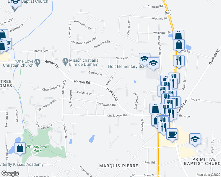 map of restaurants, bars, coffee shops, grocery stores, and more near 4001 Candlewick Way in Durham