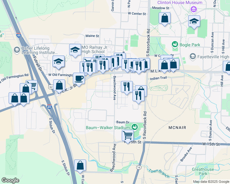map of restaurants, bars, coffee shops, grocery stores, and more near 928 Beechwood Avenue in Fayetteville