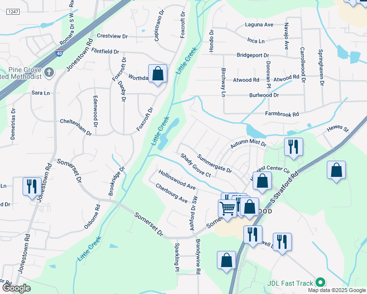 map of restaurants, bars, coffee shops, grocery stores, and more near 479 Summergate Drive in Winston Salem
