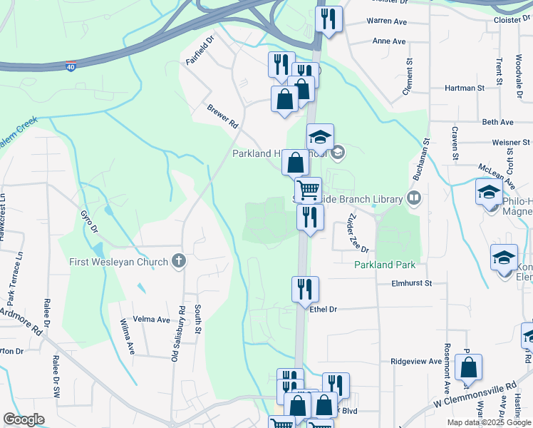 map of restaurants, bars, coffee shops, grocery stores, and more near 2730 Peters Creek Parkway in Winston-Salem