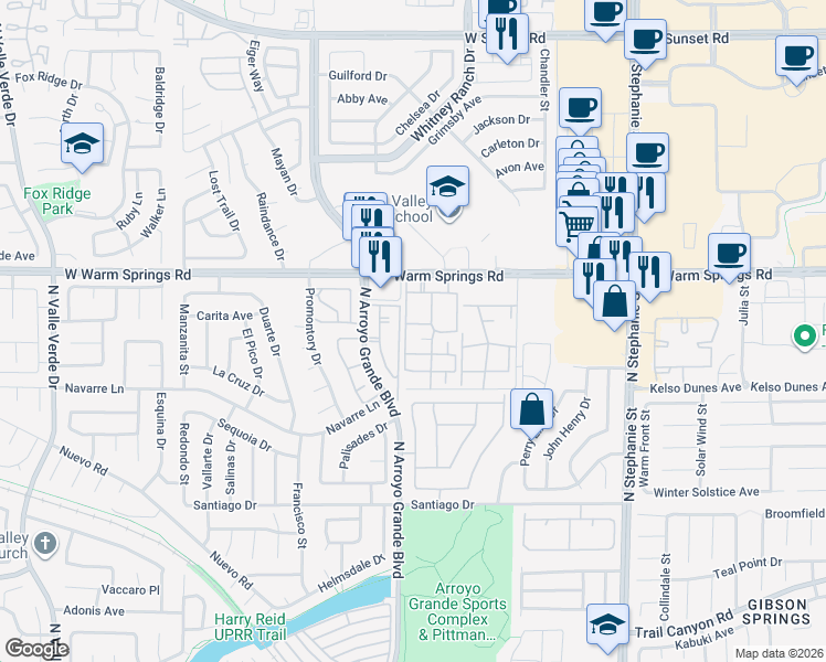 map of restaurants, bars, coffee shops, grocery stores, and more near 1575 West Warm Springs Road in Henderson