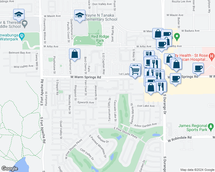 map of restaurants, bars, coffee shops, grocery stores, and more near 8975 West Warm Springs Road in Las Vegas