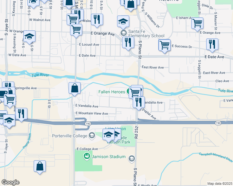 map of restaurants, bars, coffee shops, grocery stores, and more near 260 Chase Avenue in Porterville