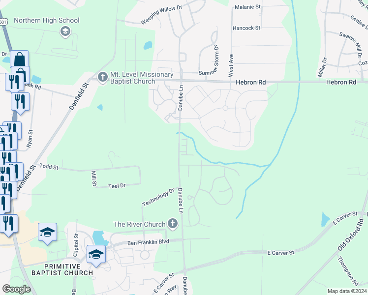 map of restaurants, bars, coffee shops, grocery stores, and more near 601 Fanning Way in Durham