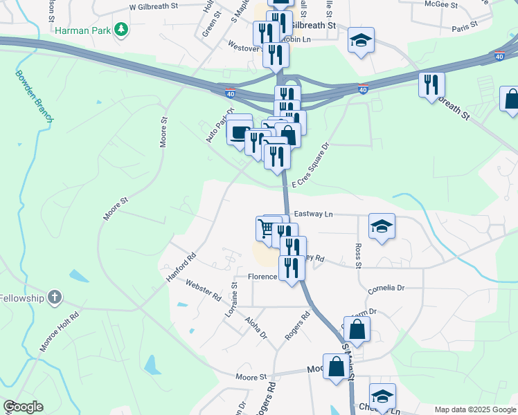 map of restaurants, bars, coffee shops, grocery stores, and more near 132 West Crescent Square Drive in Graham