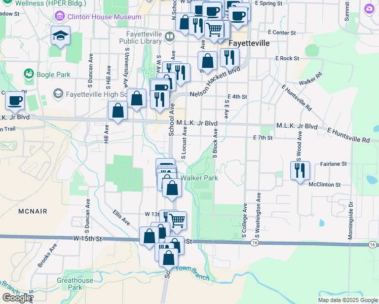map of restaurants, bars, coffee shops, grocery stores, and more near 800 South Church Avenue in Fayetteville