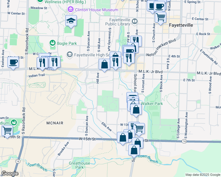 map of restaurants, bars, coffee shops, grocery stores, and more near 903 South Government Avenue in Fayetteville