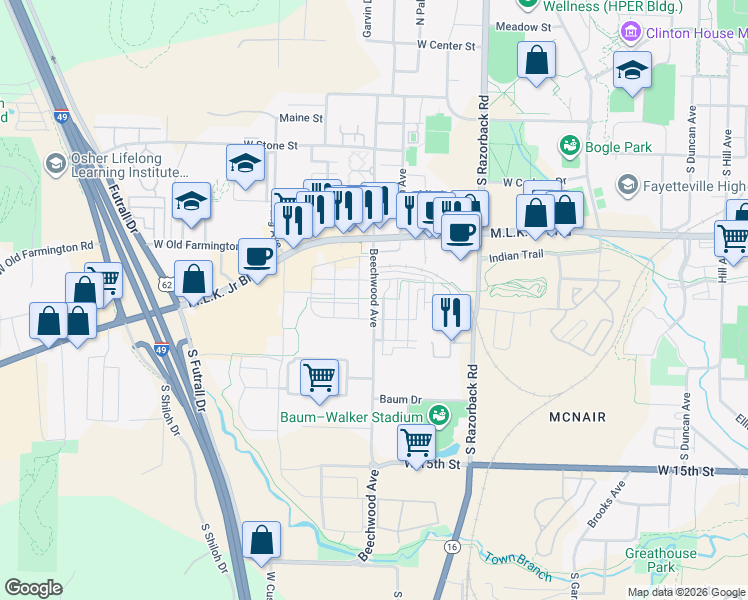 map of restaurants, bars, coffee shops, grocery stores, and more near 928 Beechwood Avenue in Fayetteville