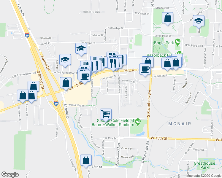 map of restaurants, bars, coffee shops, grocery stores, and more near in Fayetteville