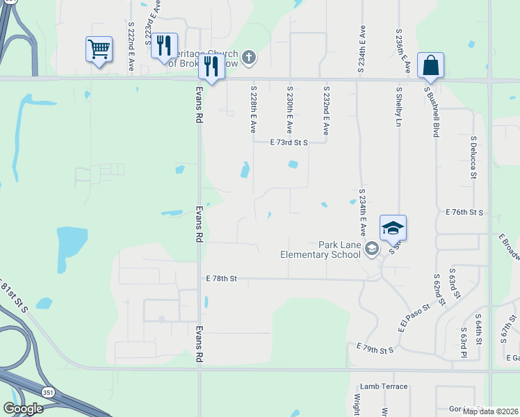 map of restaurants, bars, coffee shops, grocery stores, and more near in Broken Arrow