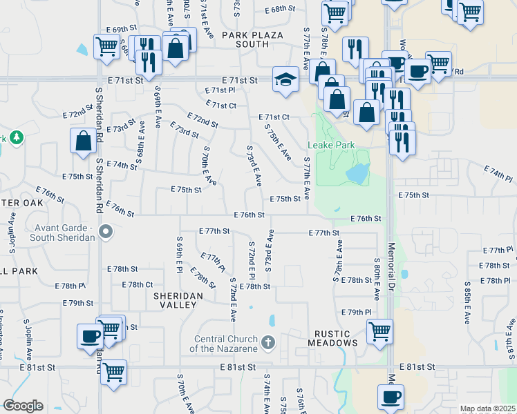 map of restaurants, bars, coffee shops, grocery stores, and more near 7204 East 76th Street in Tulsa