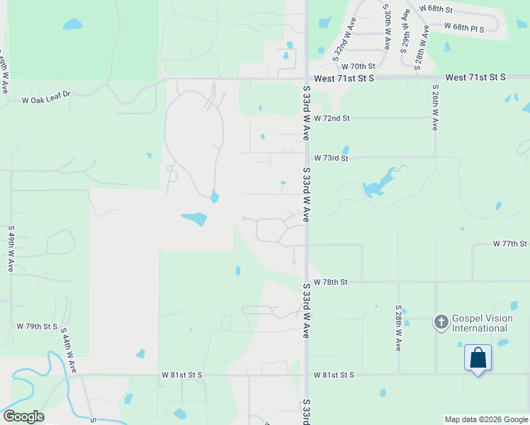 map of restaurants, bars, coffee shops, grocery stores, and more near 3342 West 74th Street South in Tulsa