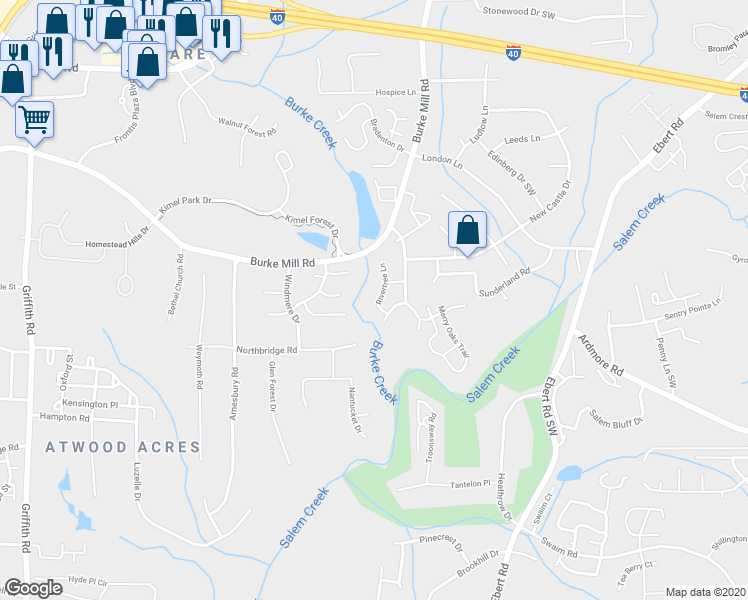 map of restaurants, bars, coffee shops, grocery stores, and more near 614 Rivertree Lane in Winston-Salem