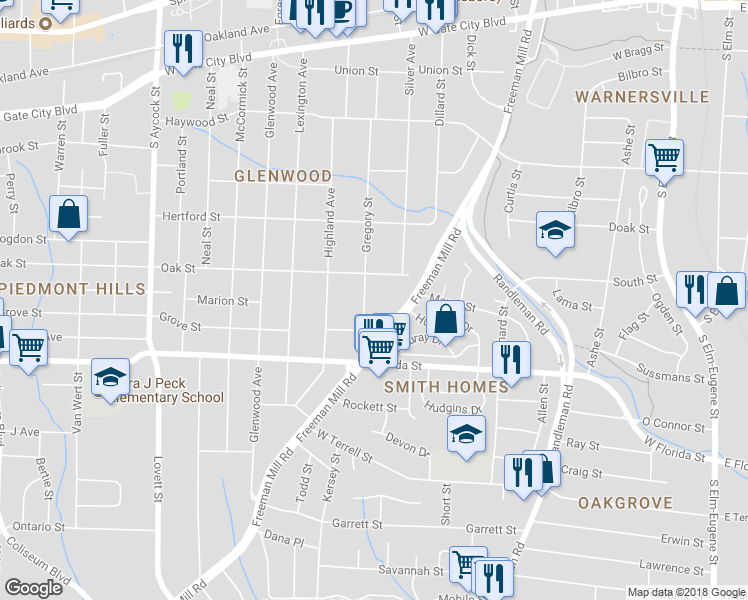map of restaurants, bars, coffee shops, grocery stores, and more near 1211 Gregory Street in Greensboro