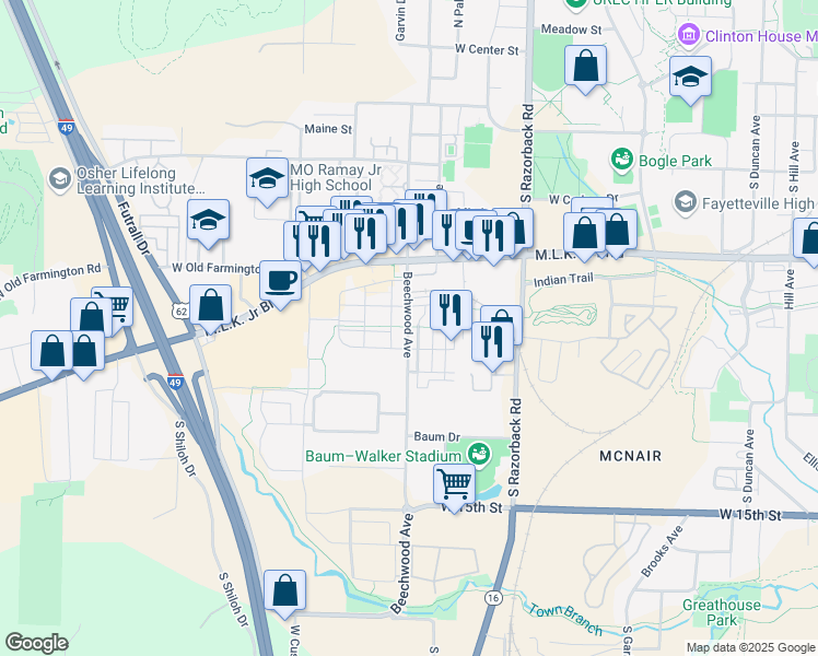 map of restaurants, bars, coffee shops, grocery stores, and more near 926 Beechwood Avenue in Fayetteville