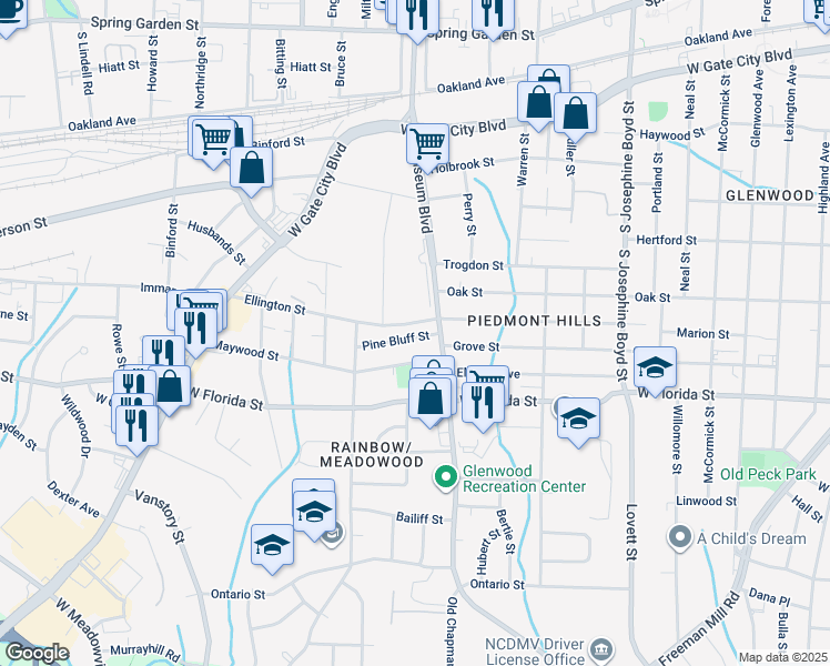 map of restaurants, bars, coffee shops, grocery stores, and more near 2010 Pine Bluff Street in Greensboro