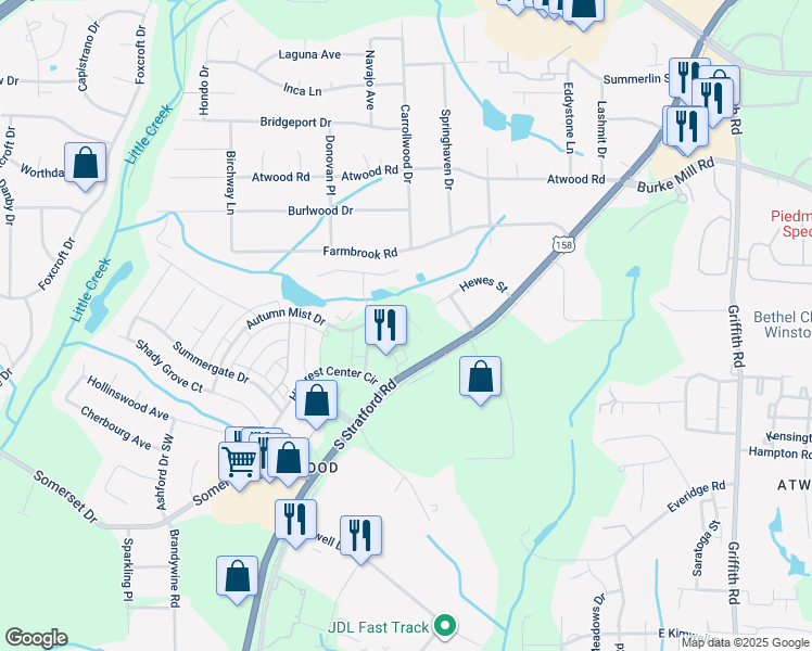 map of restaurants, bars, coffee shops, grocery stores, and more near 2430 South Stratford Road in Winston Salem