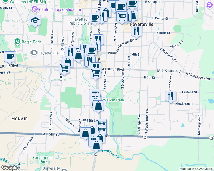 map of restaurants, bars, coffee shops, grocery stores, and more near 800 South Church Avenue in Fayetteville