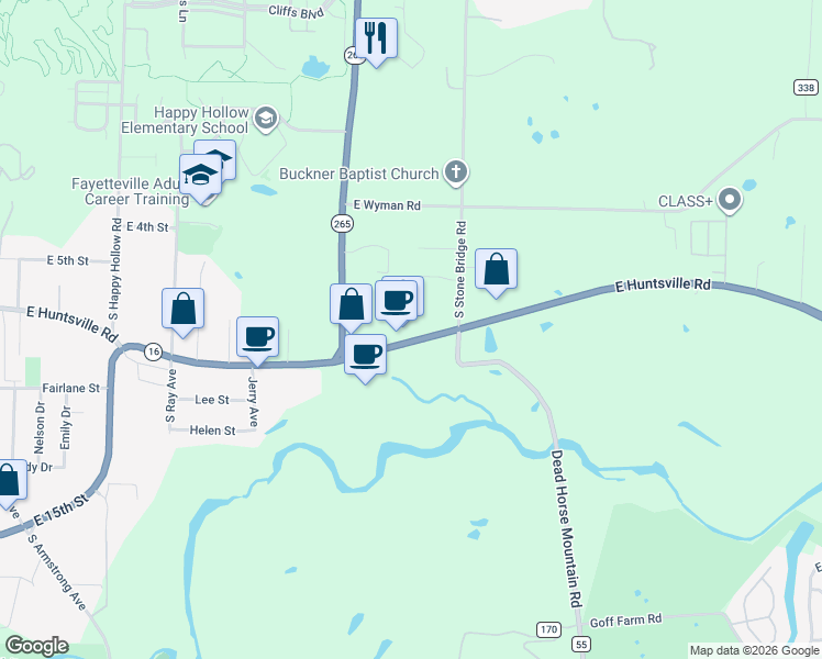 map of restaurants, bars, coffee shops, grocery stores, and more near 2634 East Huntsville Road in Fayetteville