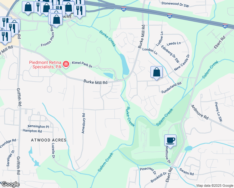 map of restaurants, bars, coffee shops, grocery stores, and more near 2736 Sawgrass Court in Winston-Salem