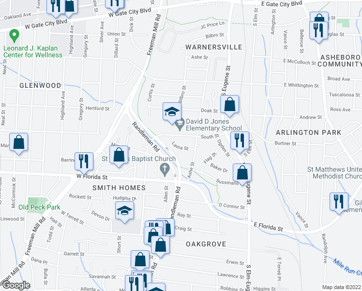 map of restaurants, bars, coffee shops, grocery stores, and more near 508 Lama Street in Greensboro