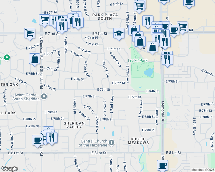map of restaurants, bars, coffee shops, grocery stores, and more near 7204 East 76th Street in Tulsa