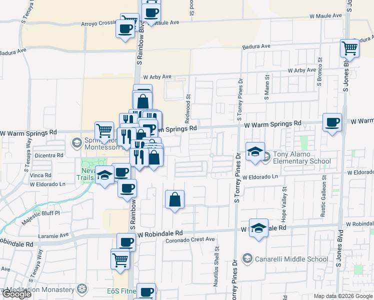 map of restaurants, bars, coffee shops, grocery stores, and more near 7381 Chrome Hill Street in Las Vegas