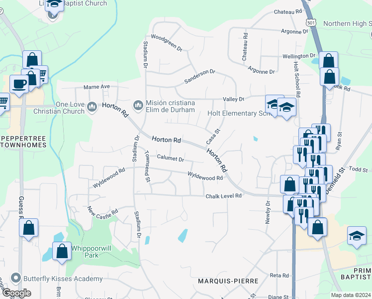 map of restaurants, bars, coffee shops, grocery stores, and more near 8 Porter Circle in Durham