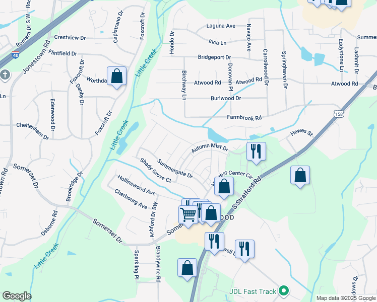 map of restaurants, bars, coffee shops, grocery stores, and more near 2426 Autumn Mist Drive in Winston-Salem