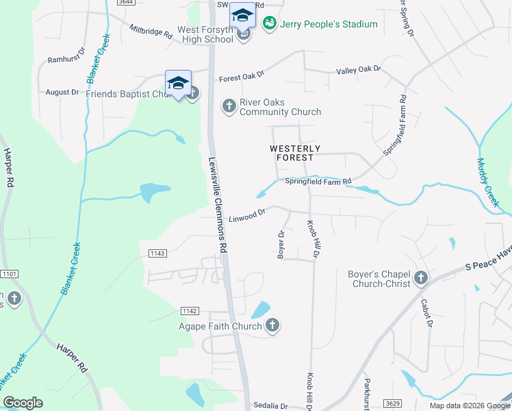 map of restaurants, bars, coffee shops, grocery stores, and more near 6731 Linwood Drive in Clemmons