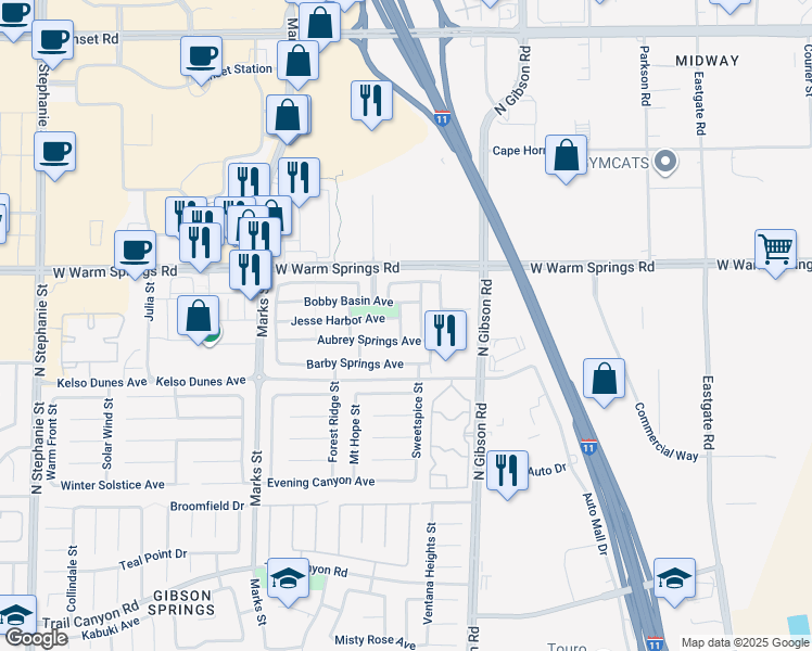 map of restaurants, bars, coffee shops, grocery stores, and more near 366 Clown Creek Street in Henderson