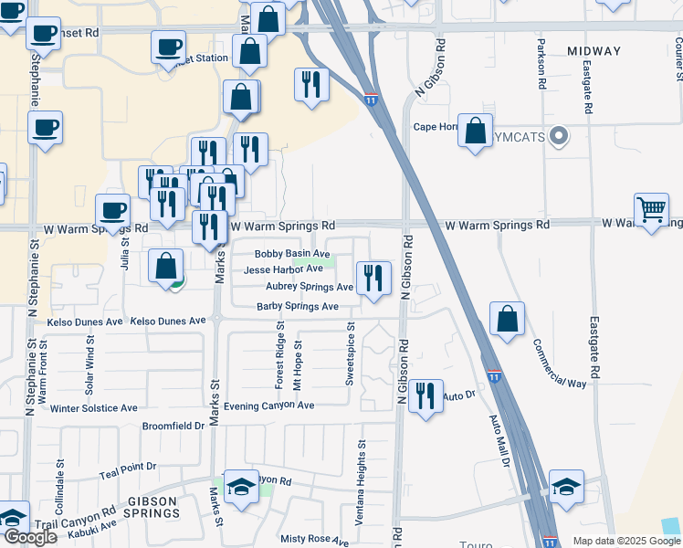 map of restaurants, bars, coffee shops, grocery stores, and more near 372 Clown Creek Street in Henderson