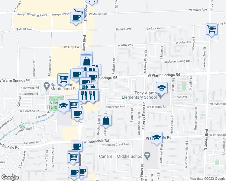 map of restaurants, bars, coffee shops, grocery stores, and more near 7381 Chrome Hill Street in Las Vegas