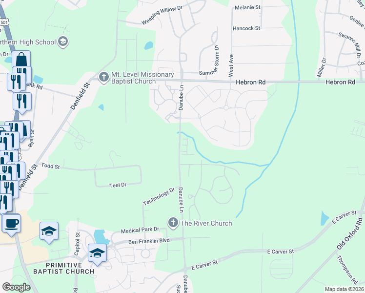 map of restaurants, bars, coffee shops, grocery stores, and more near 601 Fanning Way in Durham
